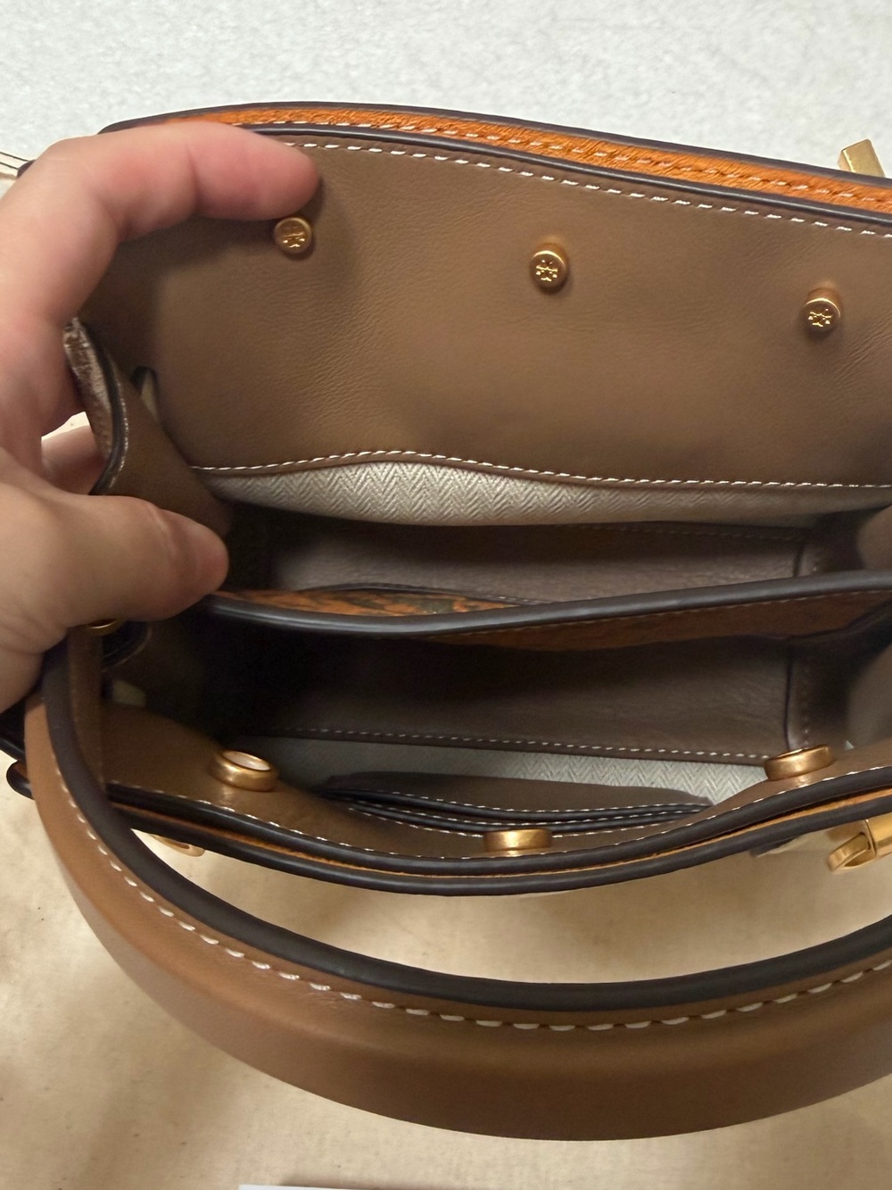 Tory Burch Leather Top-Handle Satchel in Cream and Brown - Picture 7 of 9